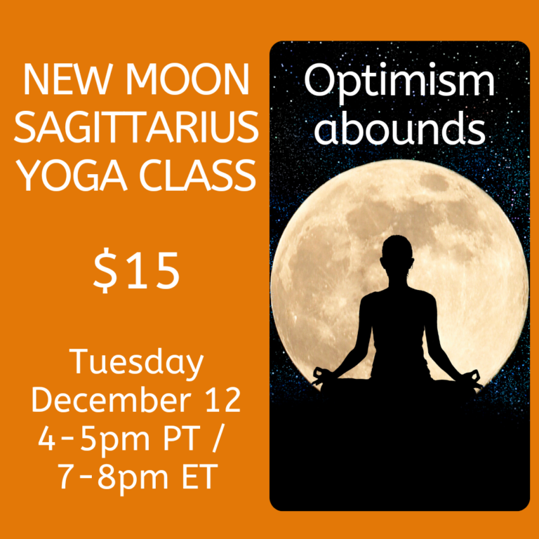 Class title, date and time. Includes an image of a silhouette seated with thumbs touching index fingers in front of a moon with the words optimism abounds.